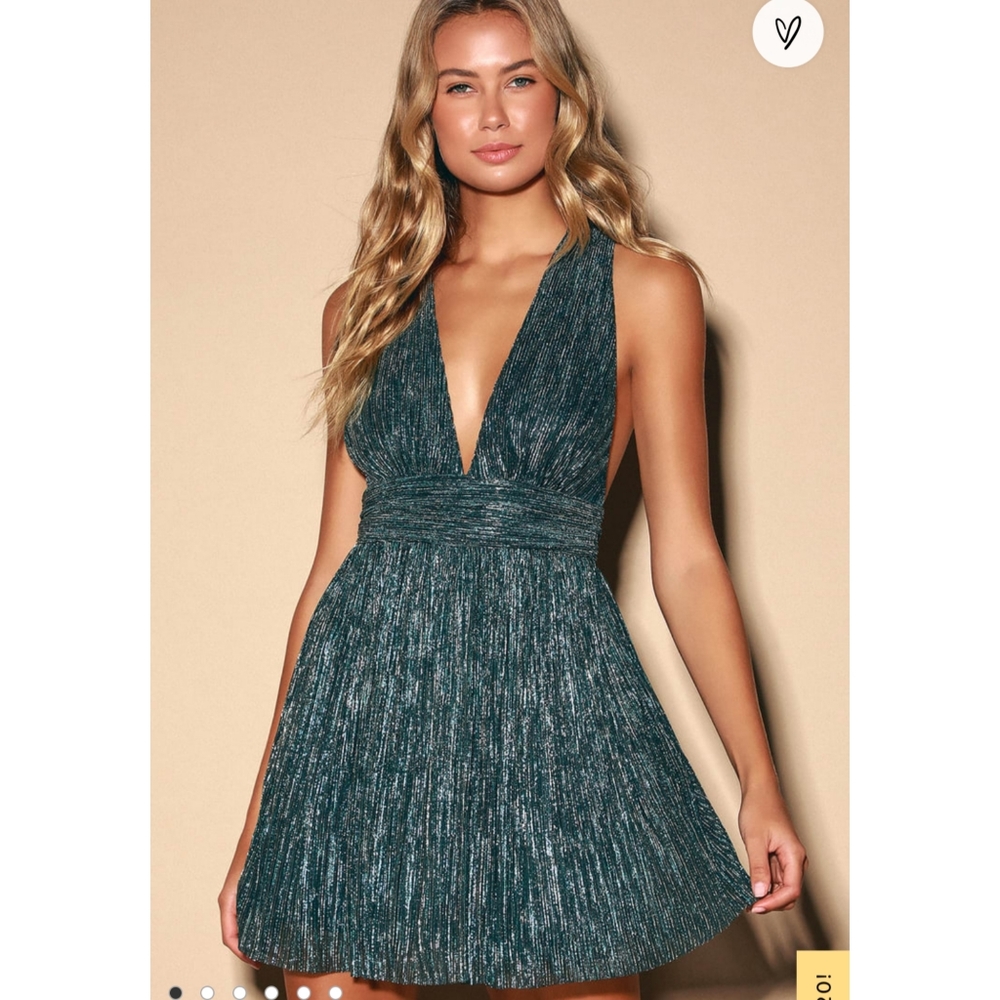 NWT Lulu's Ailey Gold and Teal Blue Skater Dress